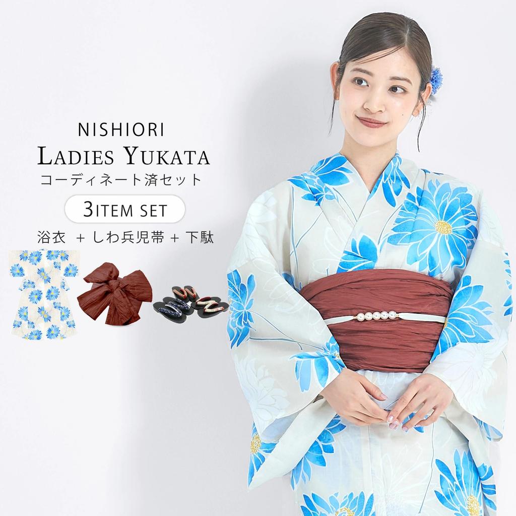 NISHIORI Yukata Set with One Size Fits Most Women's Obi, 3-Piece Set, (km-2)
