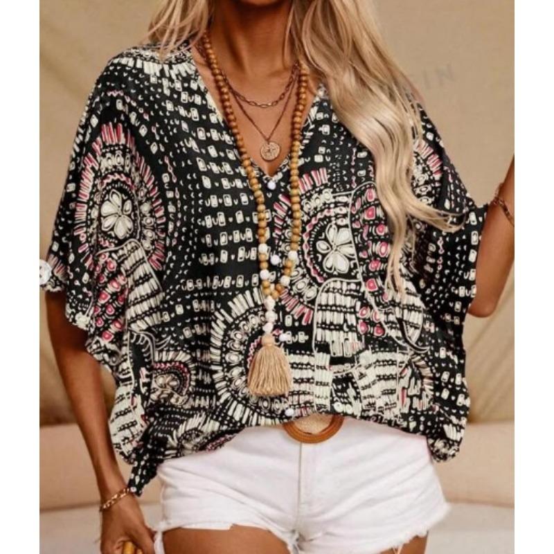 Casual Women's Shirt New Style V-neck Printed Vacation Style Bat Sleeve Blouse 8005