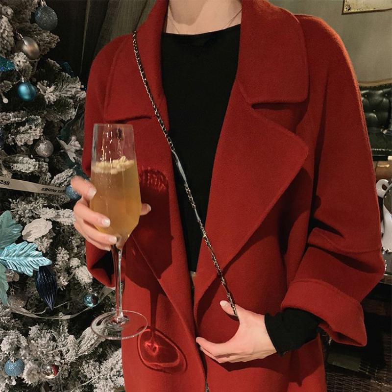 Cotvotee Lace Up Wool Coat Women Autumn Winter 2026 New Fashion Turn Down Collar Long Coats Vintage Casual Long Sleeve Jackets