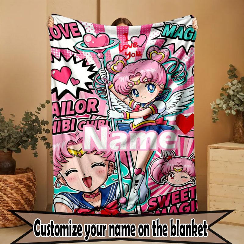 Custom Name Personalized Sailor Moon Print Blanket, Home Decor, Bedroom, Sofa, Camping, Couch, Gifts for Birthday Christmas