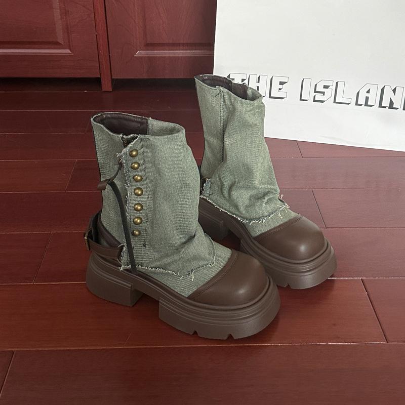 

Мода Мода Массивные Женские Ботильоны Дизайнерская Обувь на Платформе и Каблуке Осень Зима Джинсовые Короткие Ботильоны Zapatos De Mujer 35 зелёный