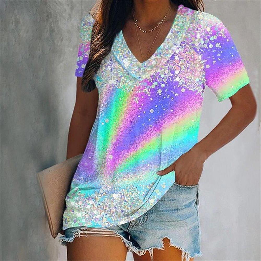 Fashion V-Neck Short Sleeve Colorful Tassels Print T-Shirts Summer Casual Elegant Women's Large Size T-Shirts