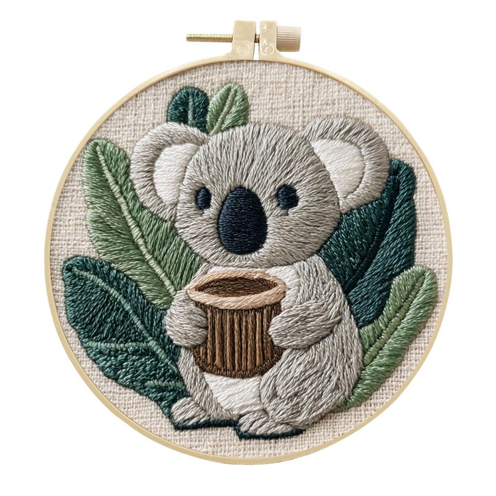 1 Stück Koala und Grünes Pflanzenmuster DIY Stickset für Anfänger