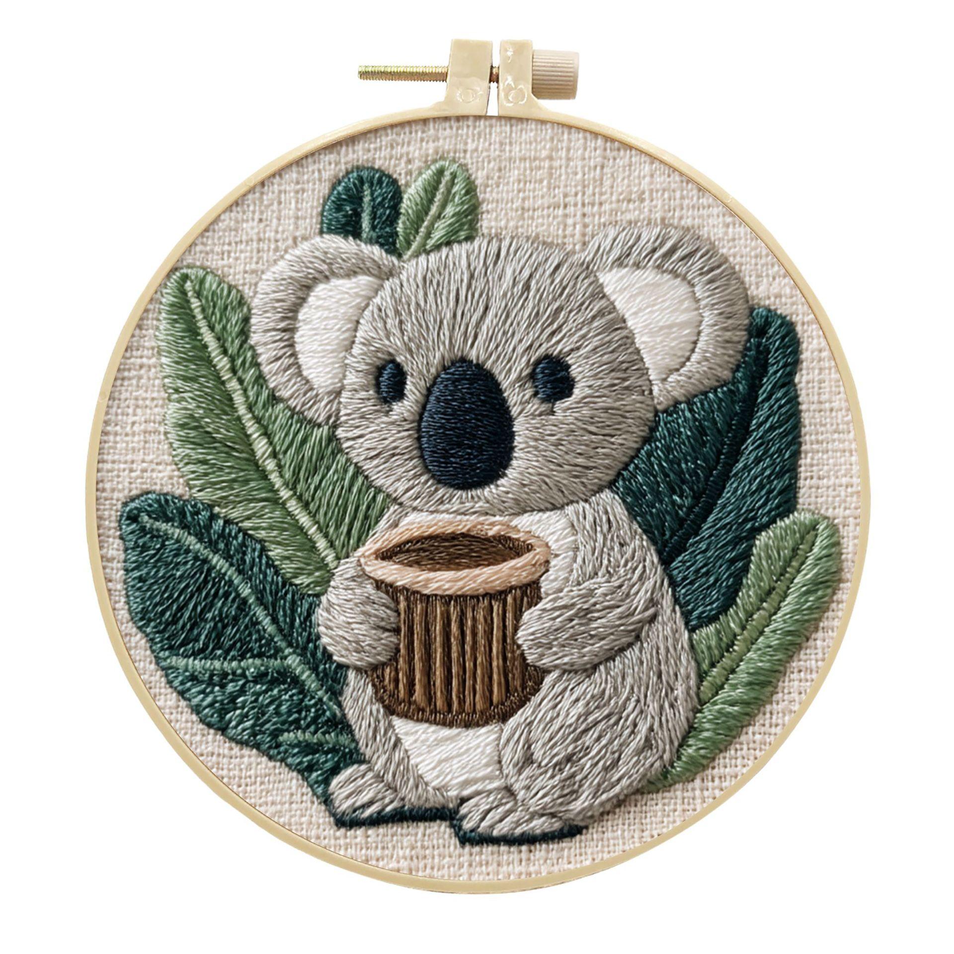 

1 PC Koala and Green Plant Pattern DIY Embroidery Kit for Beginners 20cm
