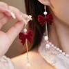 New Wine Red Velvet Rose Pearl Earrings for Women Vintage Red Rose Elegant High-end Studs Earrings Jewelry Accessories
