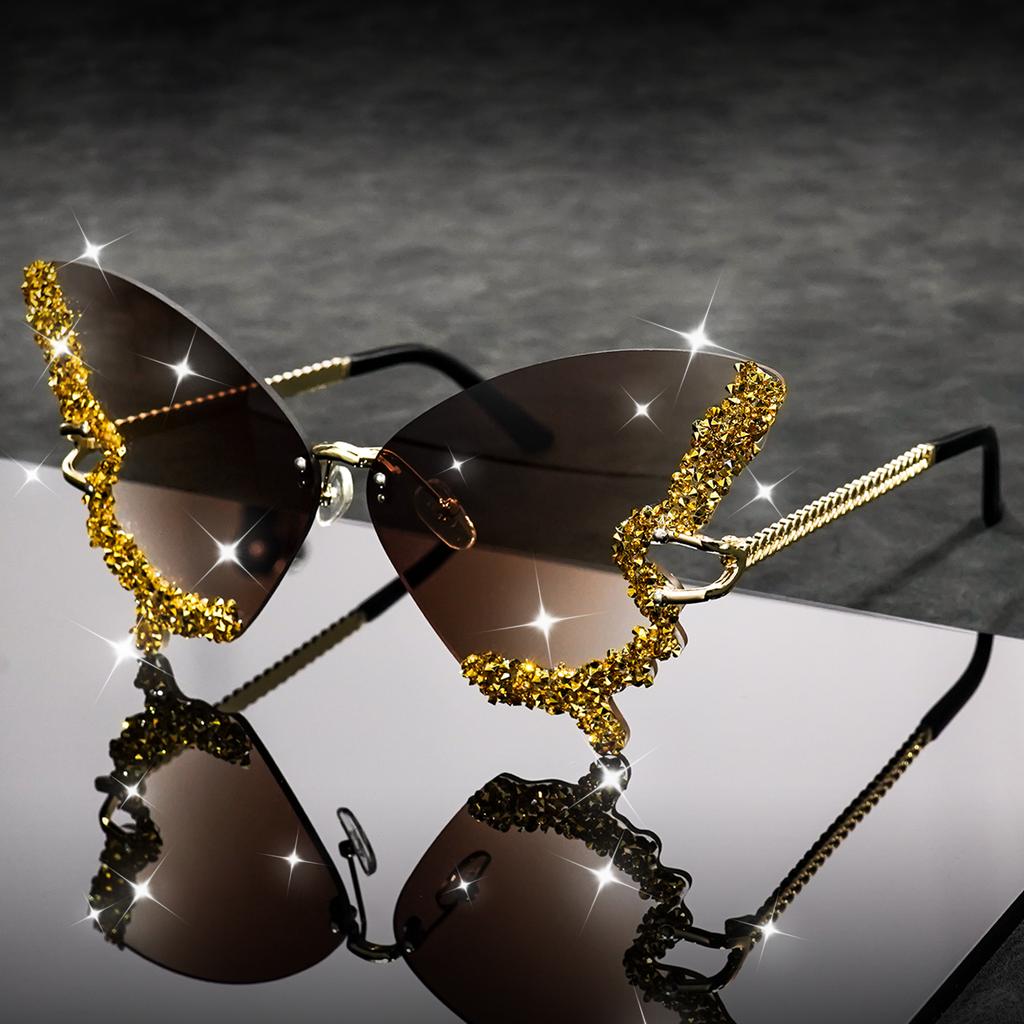 Butterfly Rimless Stylish Sunglasses for Women Men Bling Rhinestone Gradient Tint Decorative Eyeglasses for Costume Party