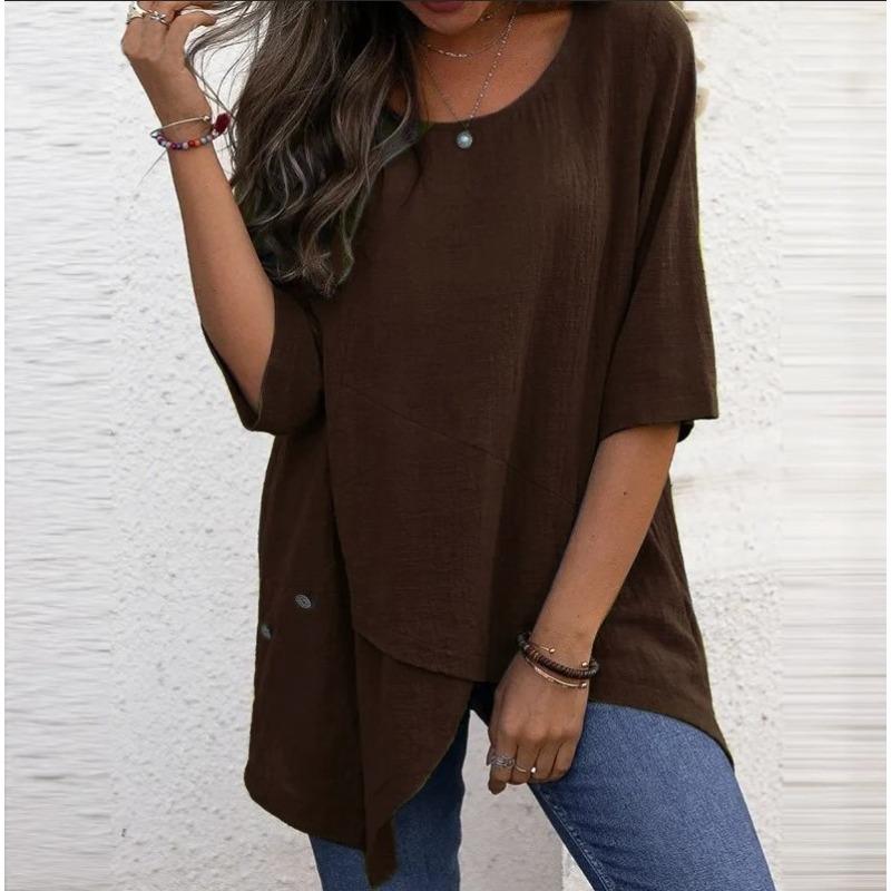 Women's Cotton Linen Round Neck Irregular Shirt Five-quarter Sleeve Tops Women’s