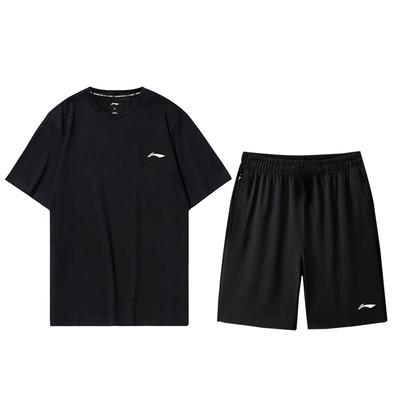Li Ning Solid Color Loose Fit Round Neck Drop Shoulder Pullover Short Sleeve Top And Mid Waist Elastic Shorts Casual Sports Set AHSU977-1+AAPU225-1