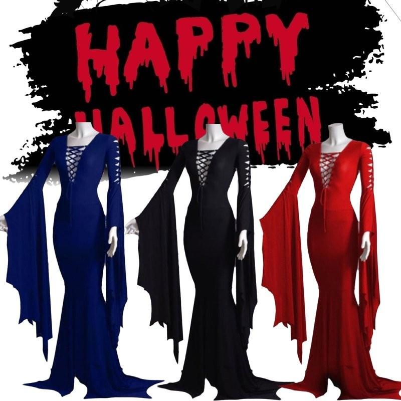 Trendy New Halloween Sexy V Neck Dress With Flare Sleeves Available In Red Black And Blue Sizes S To 5xl For A Chic Retro Look