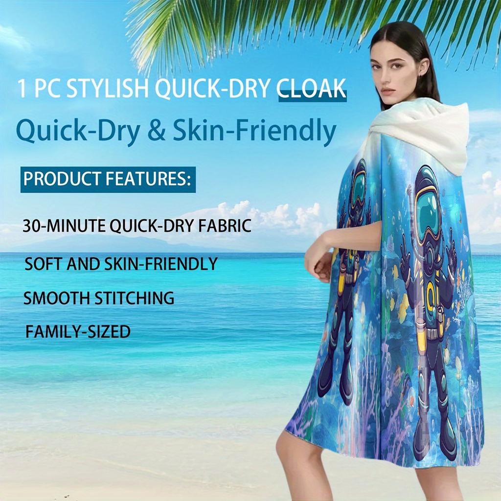 Deep Sea Diving Hooded Beach Towel Flat Print Microfiber Soft Poncho Bathrobe Quick Dry Swim Cape for Adult Kids Gift