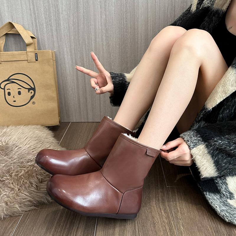 Flats Ankle Boots Trend Leather Women Shoes Winter 2025 Brand New Hot Sale Short Plush Warm Casual Shoes Cozy Snow Botas Mujer