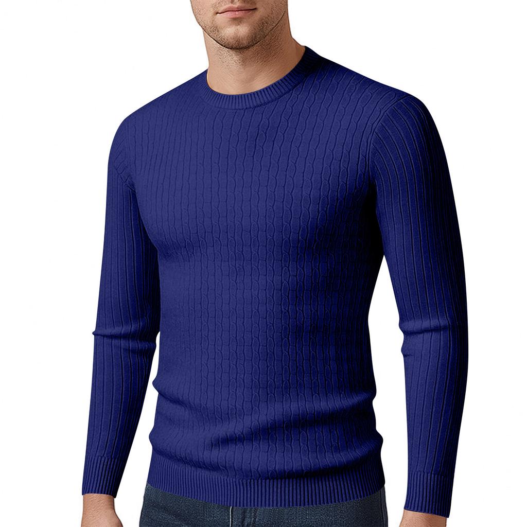 Men's Long Sleeved Solid Color Cable Knit Sweater Bottoming Shirt Slim Fit Pullover