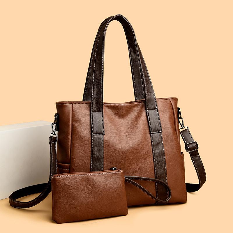 Single-shoulder Bag: Fashionable and Simple Color-blocking Tote Bag, Soft Leather Single-shoulder Commuter Bag