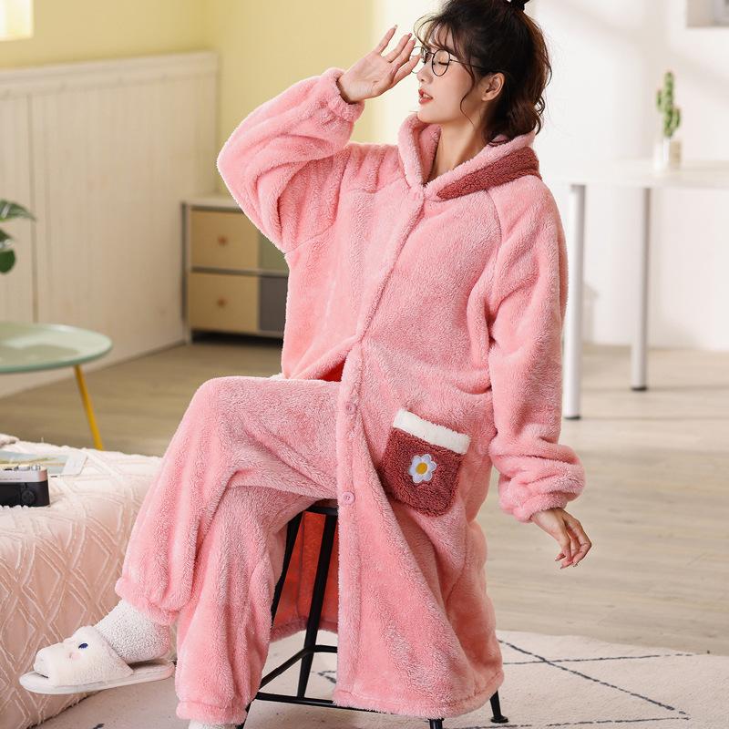 Women's Coral Velvet Nightgowns Winter Long Robes Thicken Plush Pajama Kimono Flannel Sleepwear Warm Pijama Pants Home Clothing
