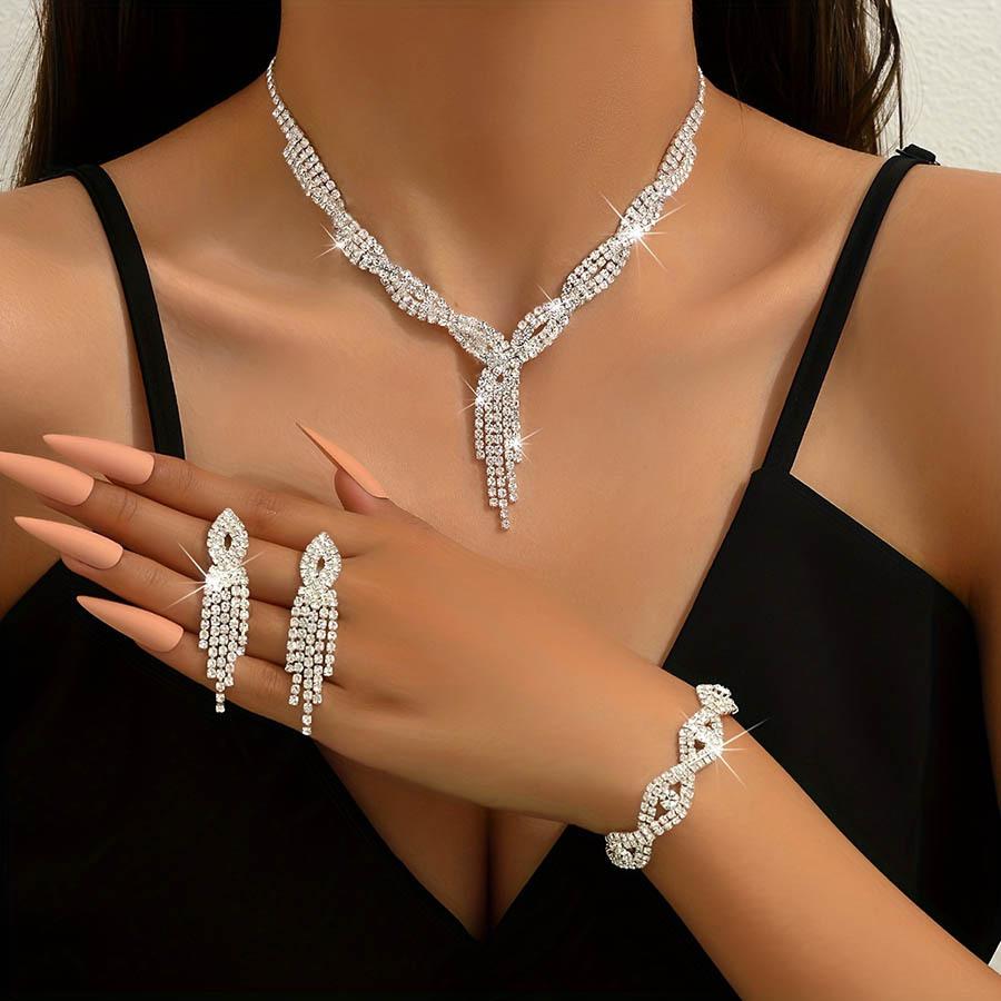 Rhinestone Tassel Jewelry Set: Claw Chain Necklace, Earrings & Bracelet for Wedding & Engagements серебряный