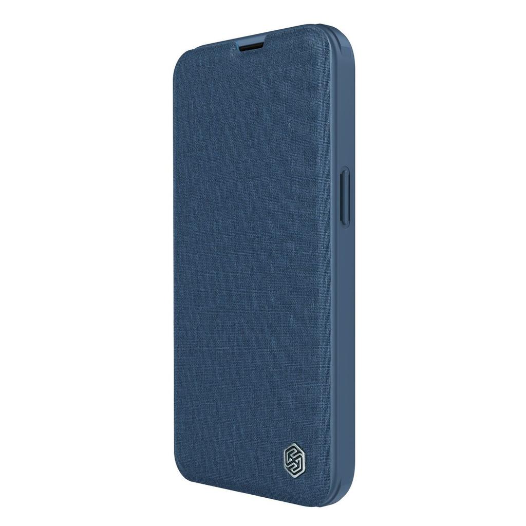 Nillkin Qin Cloth Pro Case for iPhone 14 Plus - Blue Flip Cover, Camera Protector & Phone Holster