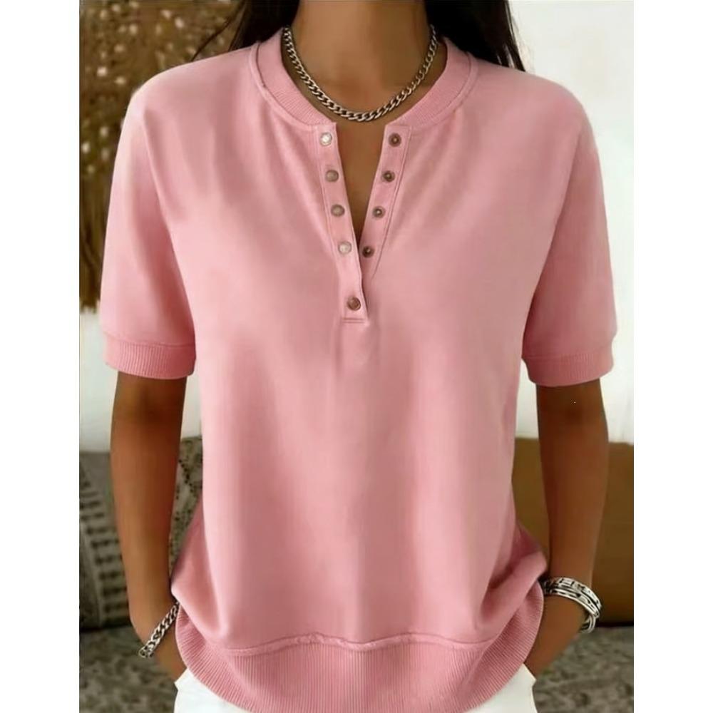 Women's Henley V Neck Partial Button Short Sleeve Solid Color Casual T Shirt Loose Daily Basic Blouse