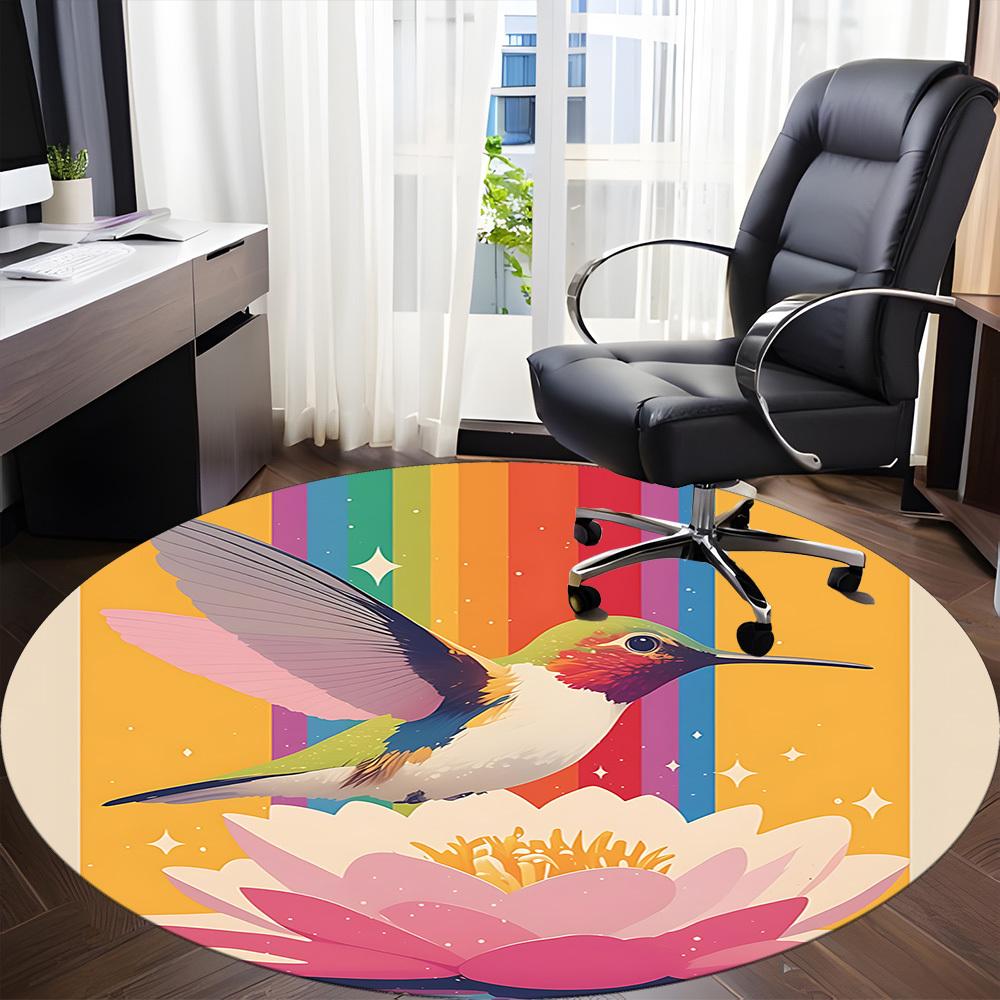 1PC Hummingbird Lotus Office Round Area Rug,  Mat Suitable ForOffice, Under Office Chairs Bedroom Living Room Home Decor, Room Deco