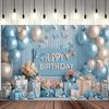 2D Blue Butterfly Floral Gift Box Happy Birthday Backdrop Balloon Photo Background