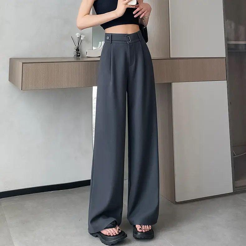 Pantalon de costume gris petite taille à taille haute et jambe large - Coupe amincissante et ample pour femme pour le printemps/automne