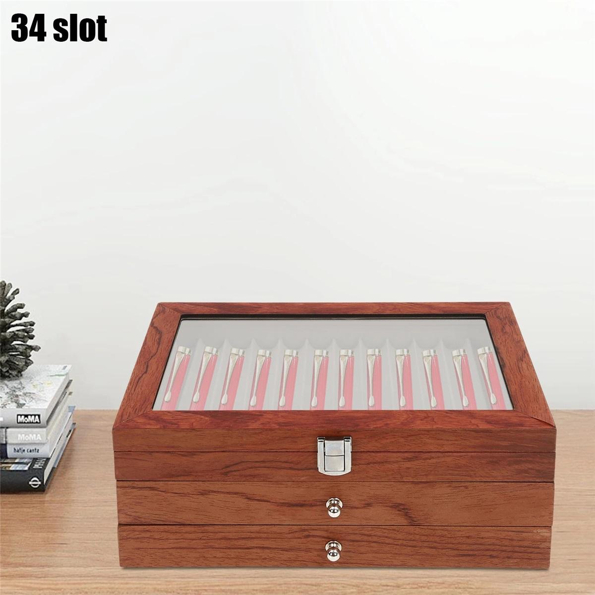 

34 Pieces Wooden Pen Display Box, 3 Layer Storage Fountain Pen Collector Case with Clear Window, Pen Display Case Storage, Pen C