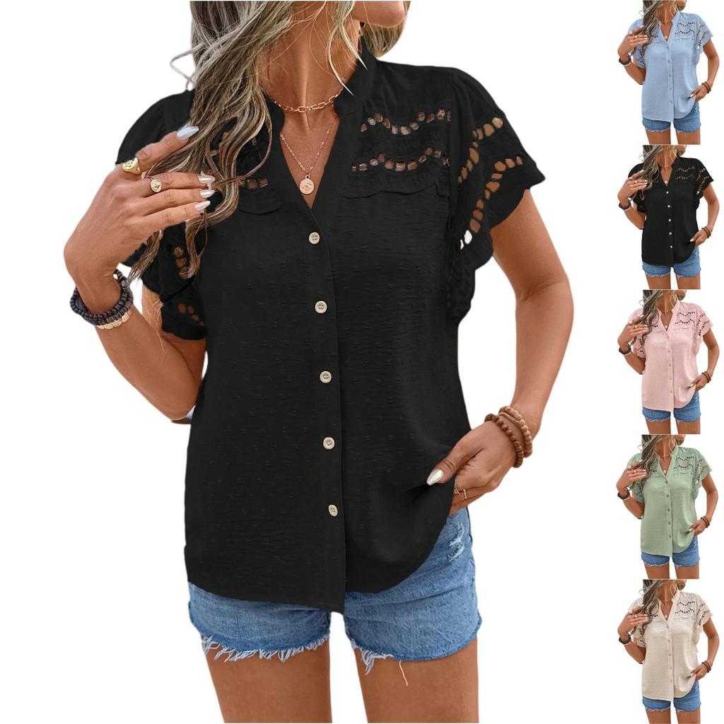 Women's Fashionable Casual Lace-trimmed Hollowed-out Button Short-sleeved T-shirt Top