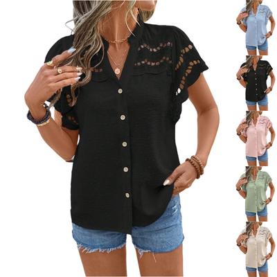 Women's Fashionable Casual Lace-trimmed Hollowed-out Button Short-sleeved T-shirt Top