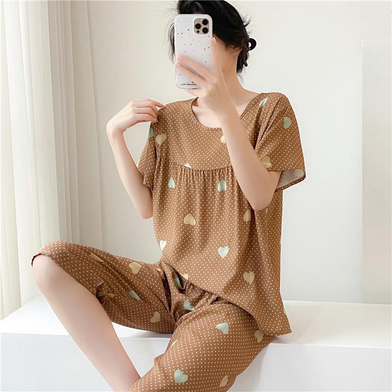 1011 Spring and Autumn Short Sleeve New Printed Pajama Set Summer Thin Sweet Floral Loose Loungewear