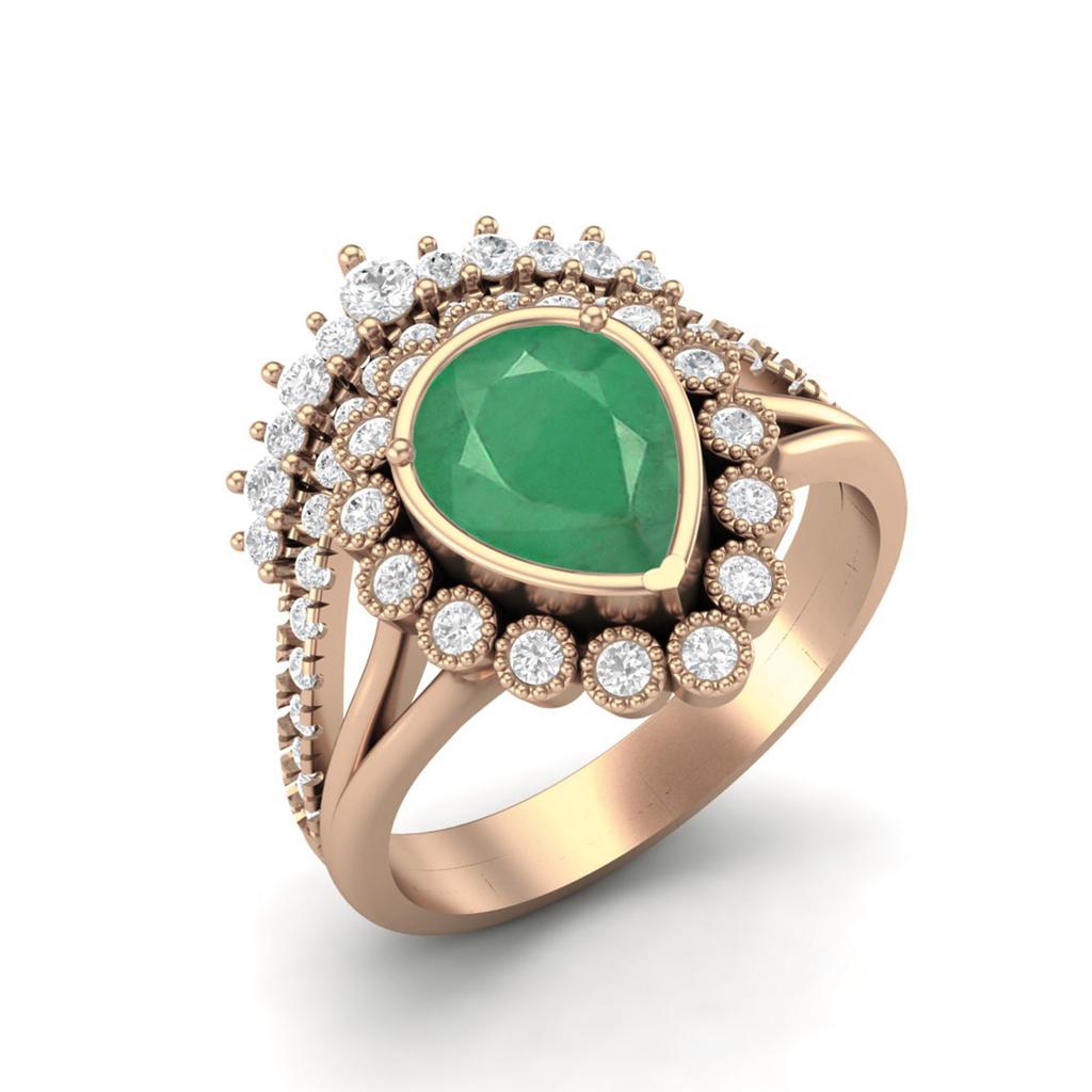 925 Sterling Silver Rose Vermeil 1.99 Cts Pear Shape Emerald Solitaire Tiara Crown Women Wedding Ring