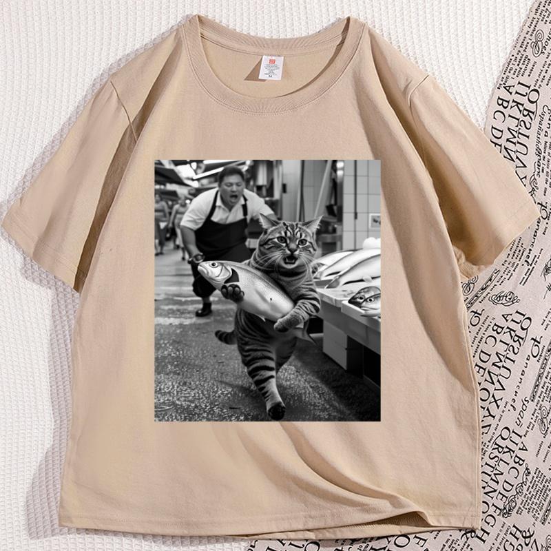 Funny Cat Stealing Fish T Shirt Men Cotton Round Neck Short Seeve Tees Loose Casual Comfortable Round Neck Short Sleeve Tops