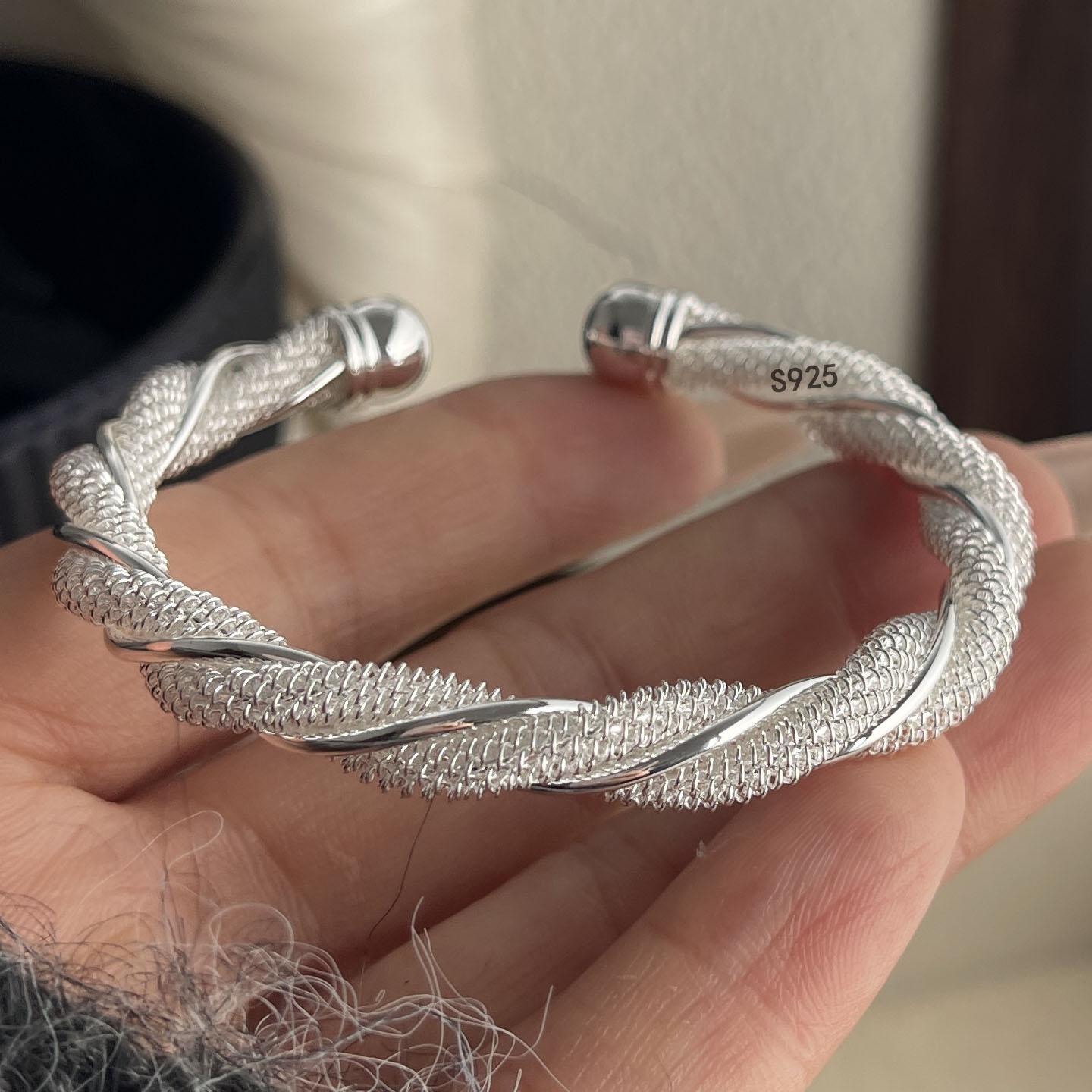 

100% Solid 925 Sterling Silver Retro Bracelet for Women Men Vintage Handmade Wide Twist Web Simple Bracelet Birthday Gift