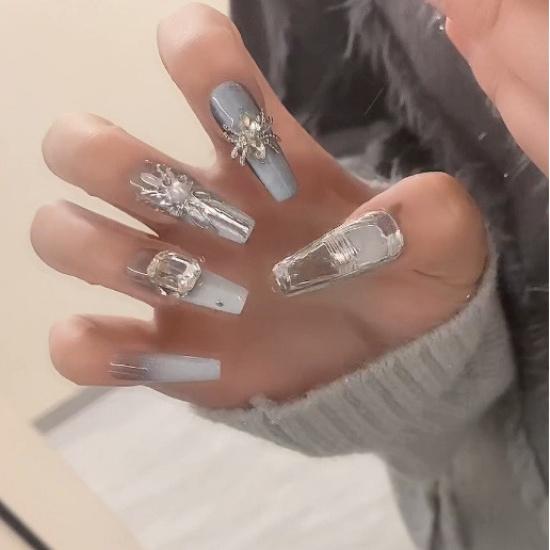 HANDMADE Lengthen Ballerina Shape/lengthen Long Trapezoid Dark Style 3D Metallic Silver Spider Blue Gradient Callous Summer Fake Nails Art Reusable