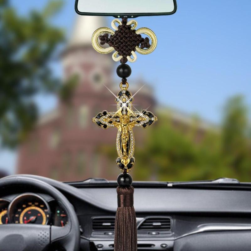 1Pc Metal Diamond Cross Jesus Christian Religious  Auto Car Styling Accessories Car Pendant  Car Rearview Mirror Ornaments Hanging
