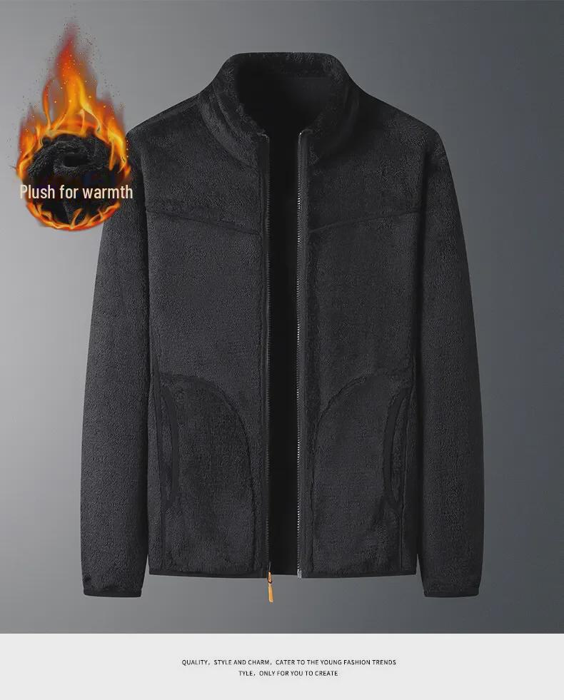 Uniseksowa dwustronna kurtka z polaru koralowego i polaru polarnego w wielokolorowe wzory - Jesienno-zimowy płaszcz z wełny jagnięcej