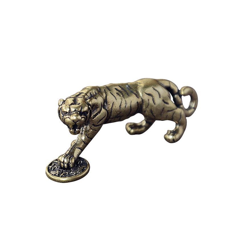 Solid Brass Lucky Tiger Keychain With Coin-Stepping Design Zodiac Animal Charm Pendant