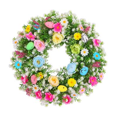 Corona de Pascua para Puerta Principal Corona Floral Artificial de Primavera con Huevos Pastel para Decoración de Pared de Porche Interior Exterior para el Hogar