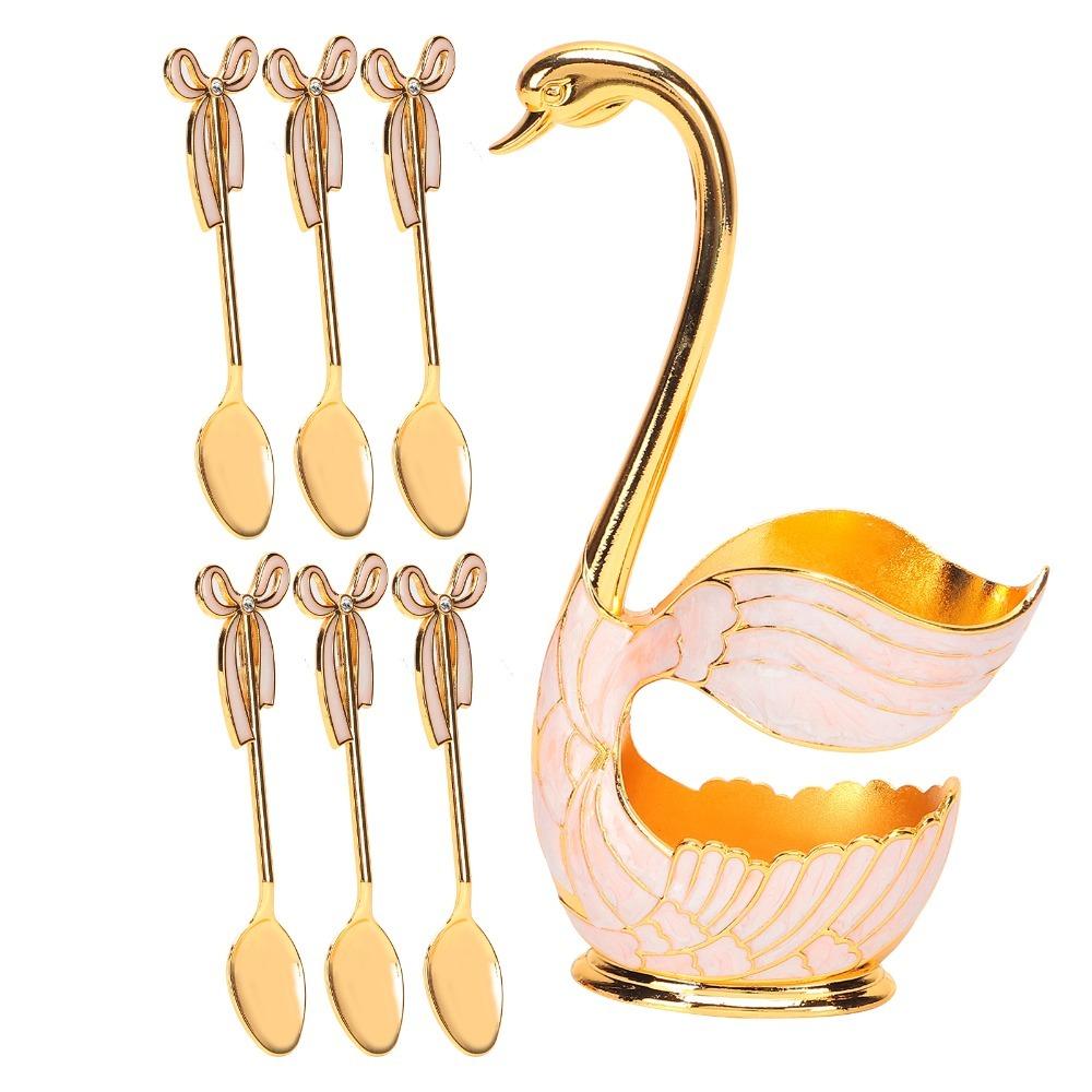 7pcs Zinc Alloy Dessert Spoon Set Swan Base Holder Fruit Spoon Set Spoon Fork Set For Fruit