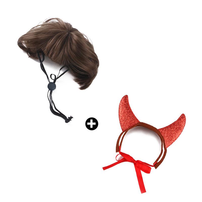 

Eye-catching Halloween Pet Headgear Featuring Red Horns And Delightful Brown Bob Wig For Cats And Dogs Red Horn Brown Cat