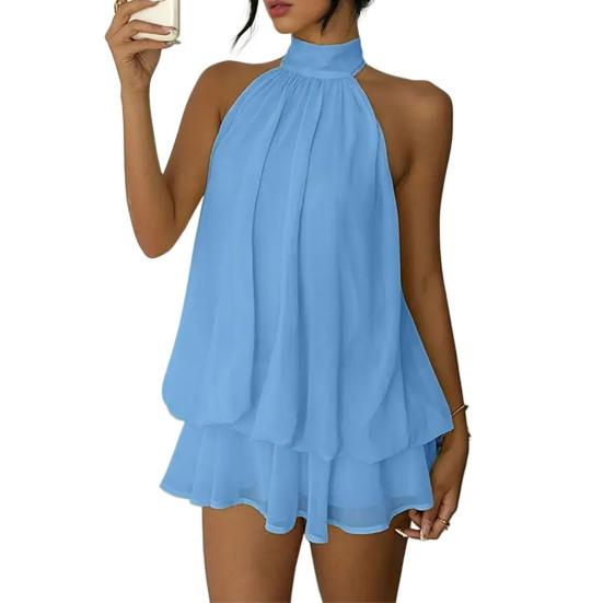 Women's Halter Neck Chiffon Mini Dress Summer Sleeveless Cocktail Party Dress Ruffle Wedding Guest Dress