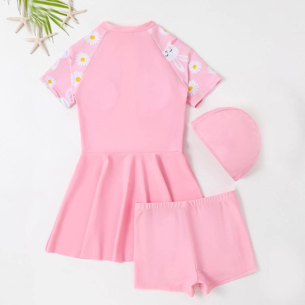 Girls' 2025 Slimming One-Piece Skirt Swimsuit: Cute, Quick-Dry, Three-Piece Student Swimwear