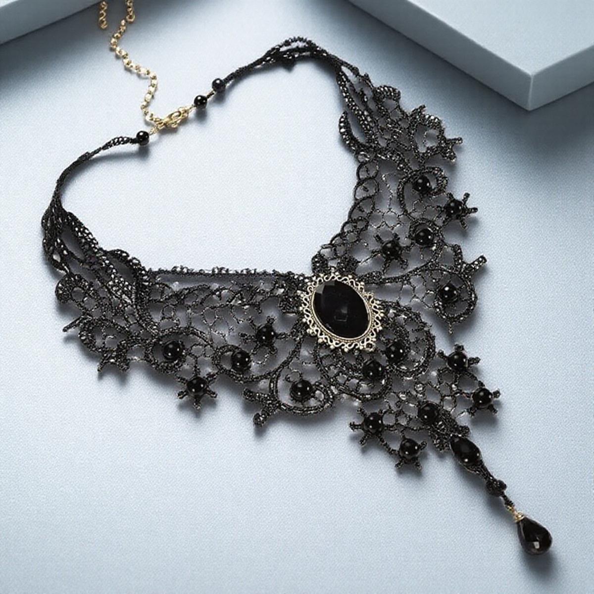 

Модное винтажное готическое колье-чокер, черное кружево, бусины, стимпанк-стиль, многослойная подвеска с драгоценными камнями для женщин, ювелирное изделие чёрный