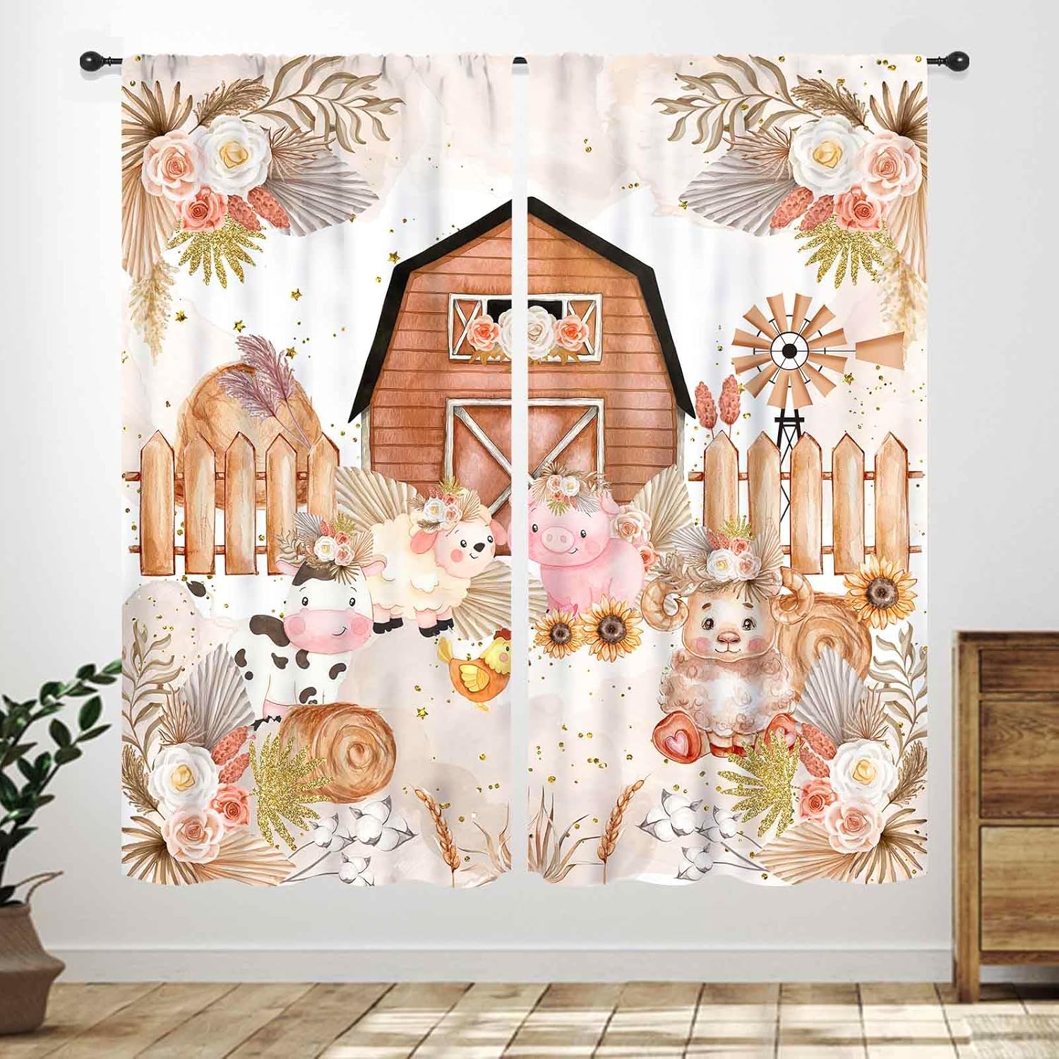 Kids Farm Curtains,Cartoon Animals Cute Chicken Duck Milk Cow Pig Happy Farm Curtains Window Drapes for Bedroom Living Room 60×150cm