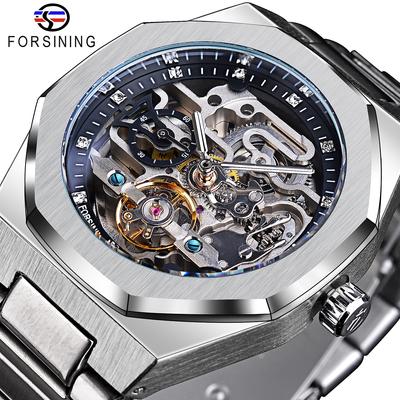 Trendy Männer Mechanische Uhr Automatische Tourbillon Skelett Diamant Uhren Silber Edelstahl Armbanduhren Leuchtende