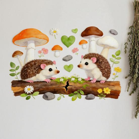 Yousheng Cute Hedgehog and Mushroom Wall Stickers, Watercolor Cartoon Animal Decals for Kids Room Nursery Kitchen, Removable PVC Waterproof