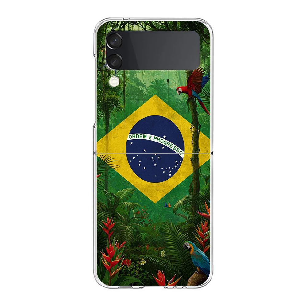 Transparent Phone Case For Samsung Galaxy Z Flip 3 4 5 6 7 Hard Folding PC Z Flip3 Flip4 Cover Large Brazil Flag