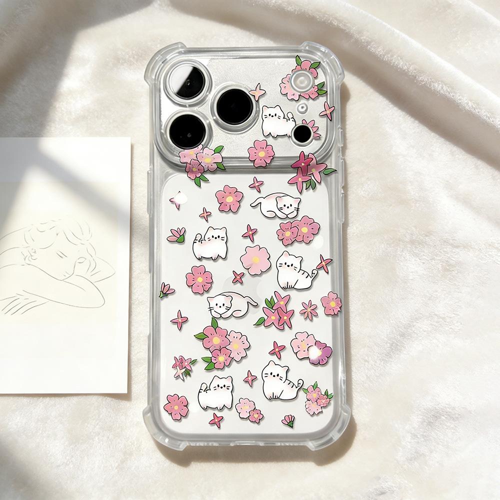 Cat and flower apply to Apple Huawei vivo Xiaomi oppo glory transparent iPhone17 anti-drop mobile phone case female
