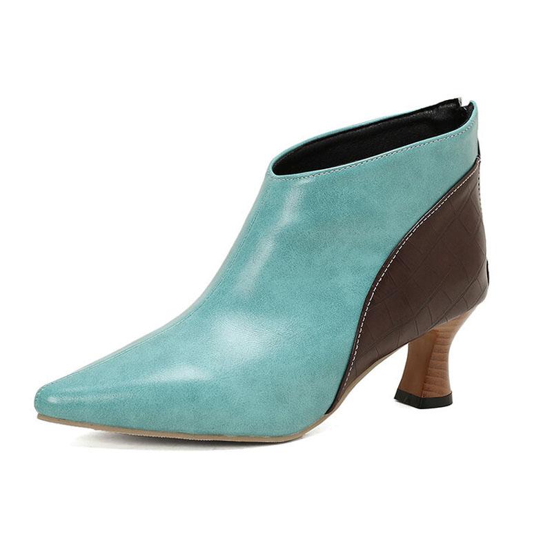 Women Pumps Fashion Leather Shoes Back Zipper Spring Autumn Short Ankle Boots Lady Patchwork Design Pointed Toe Booties WSH5043