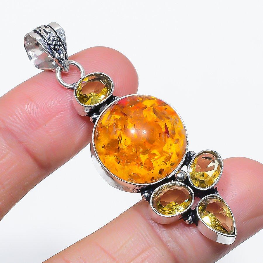 Natural Baltic Amber, Citrine 925 Sterling Silver Jewelry Pendant 2.29" U3t88