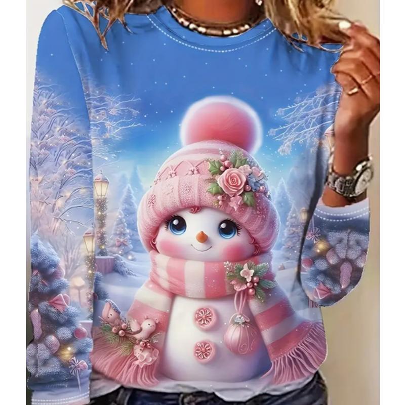 

2025 Autumn & Winter Women s New Casual Crew Neck Long Sleeve Top 3D Snowman Pattern XS синий