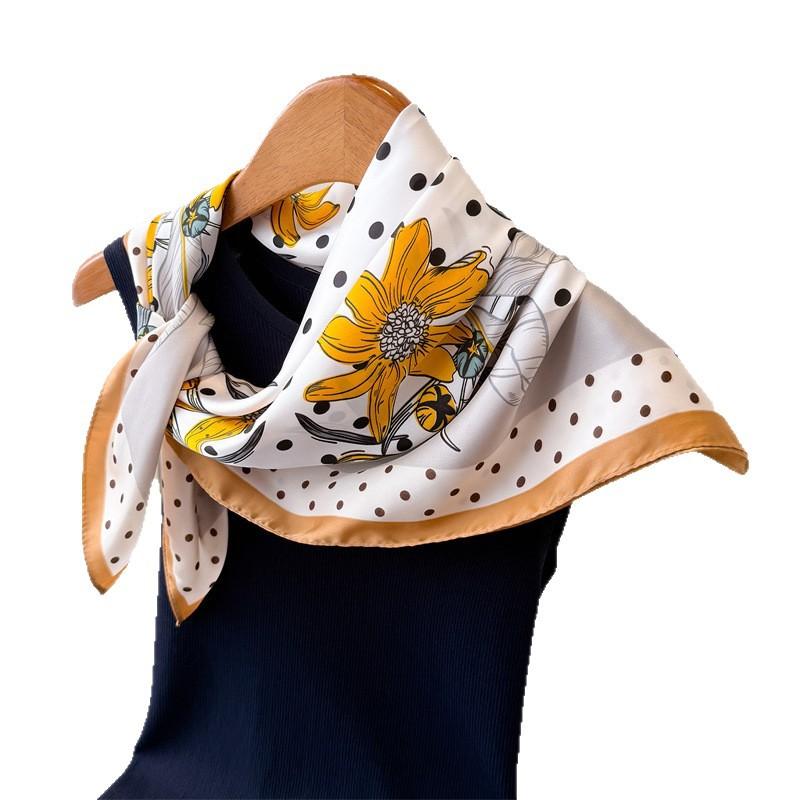 Flower Polka Dot Printing Imitation Silk Scarf Square Scarf High-End Shawl Versatile Neck Small Square Scarf Headscarf Scarf Women